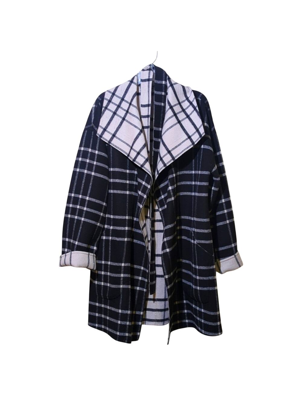 Alfani Black & Gray Plaid Reversible Belted Wrap Wing Collar Coat Women's Sz M/L